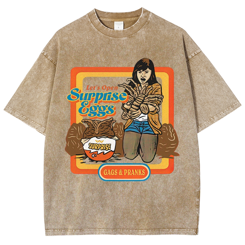 Retro 70s Comic Surprise Egg Monster Tentacle Woman Horror Parody Vintage Washed T-Shirt