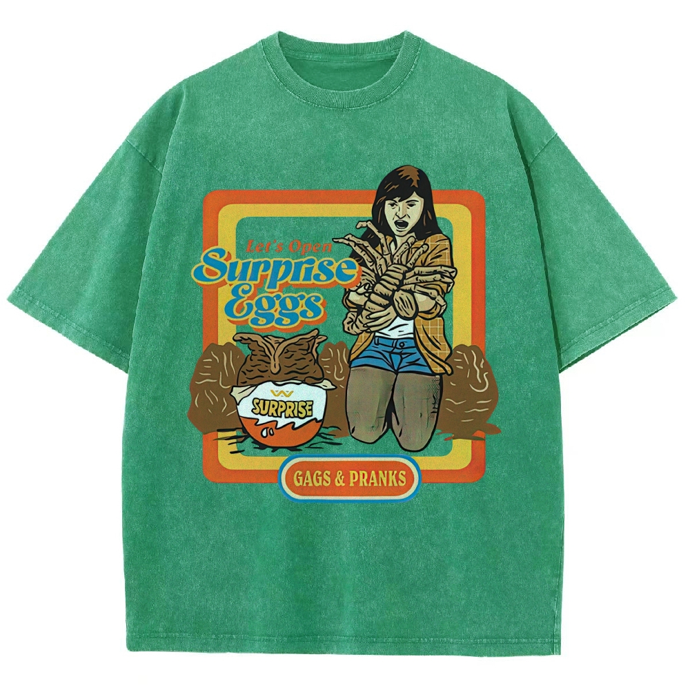 Retro 70s Comic Surprise Egg Monster Tentacle Woman Horror Parody Vintage Washed T-Shirt