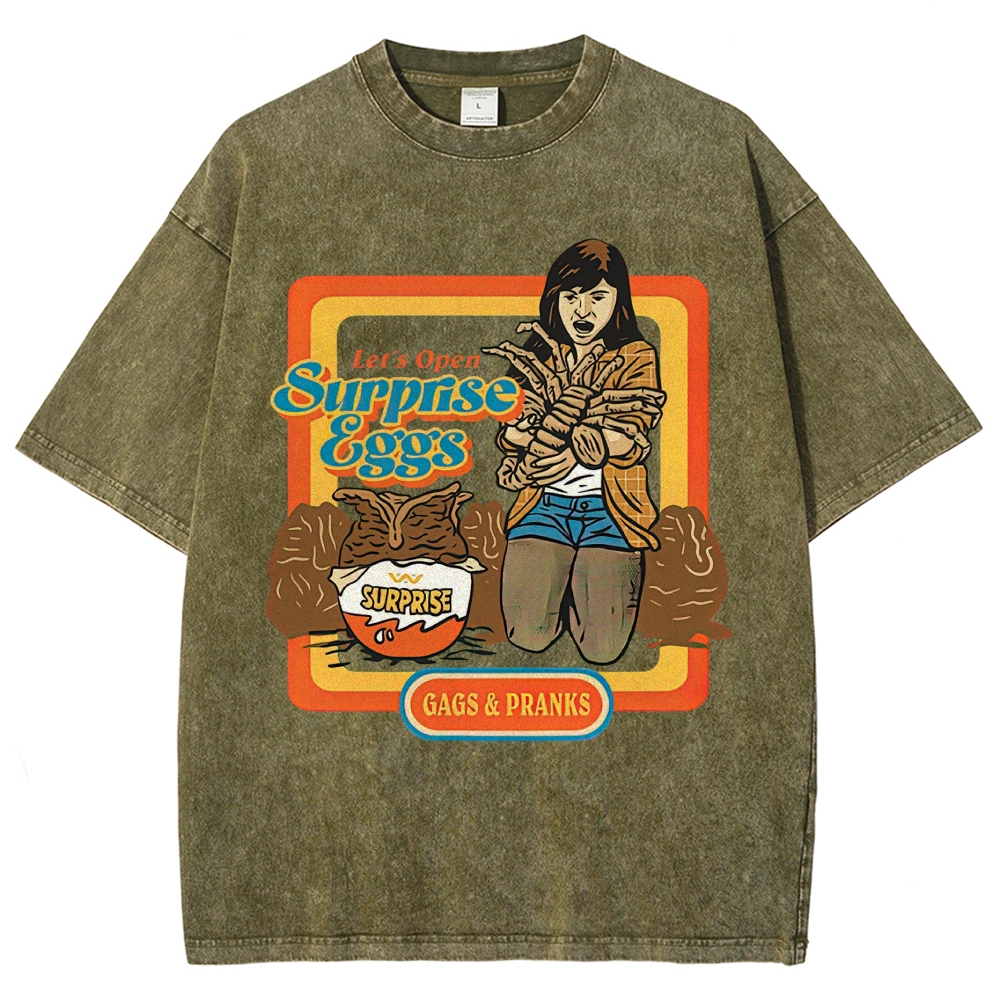 Retro 70s Comic Surprise Egg Monster Tentacle Woman Horror Parody Vintage Washed T-Shirt