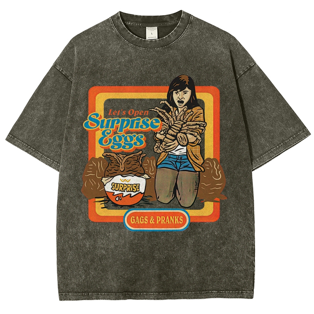 Retro 70s Comic Surprise Egg Monster Tentacle Woman Horror Parody Vintage Washed T-Shirt