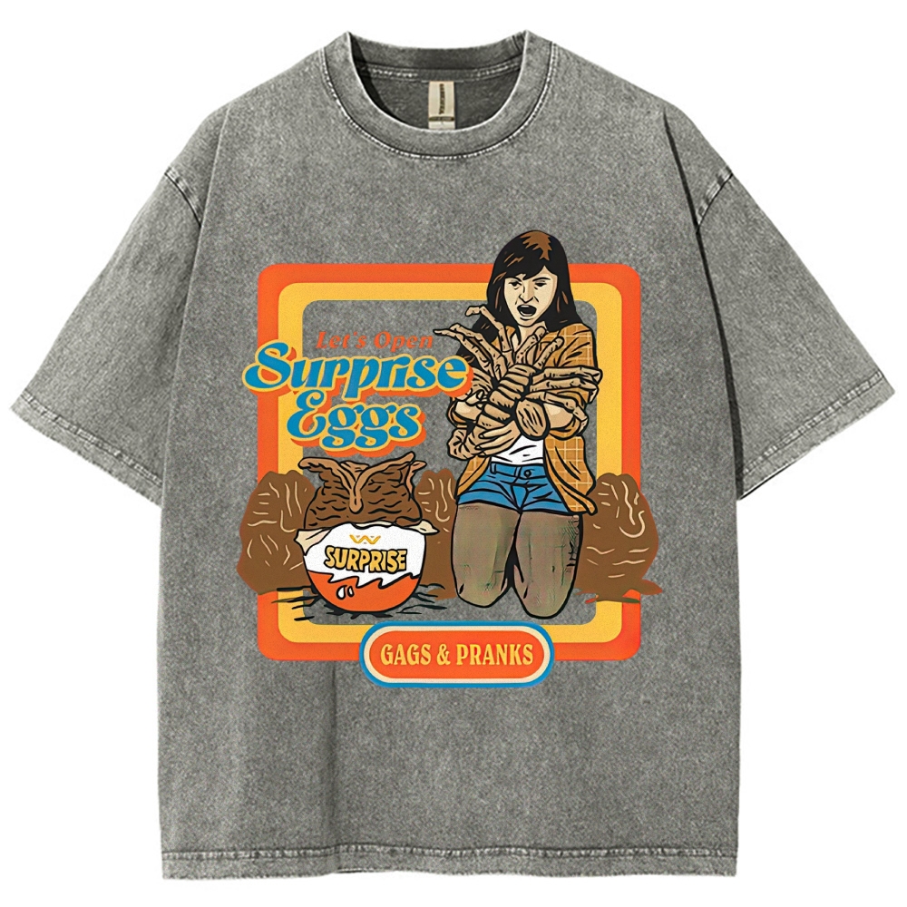Retro 70s Comic Surprise Egg Monster Tentacle Woman Horror Parody Vintage Washed T-Shirt