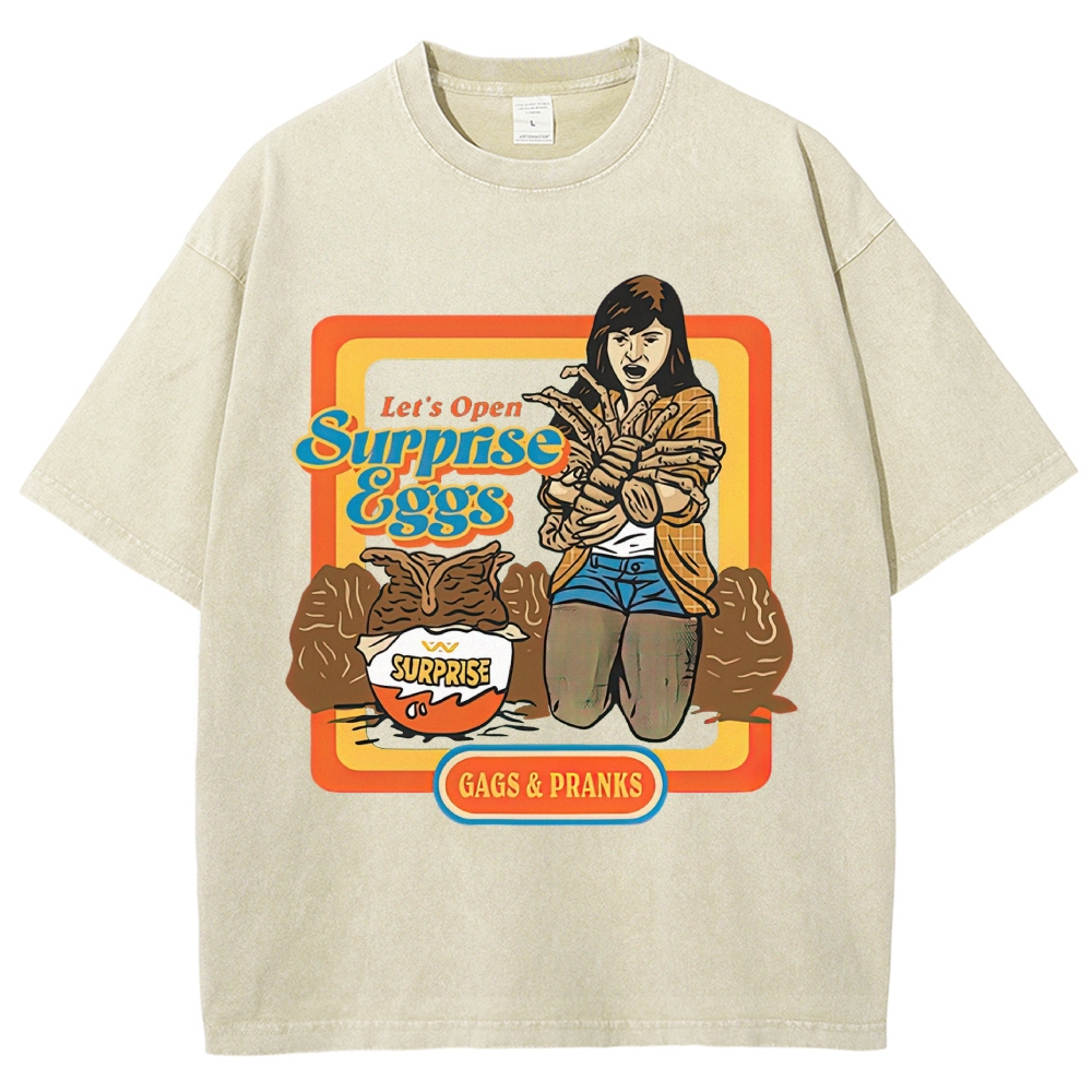Retro 70s Comic Surprise Egg Monster Tentacle Woman Horror Parody Vintage Washed T-Shirt