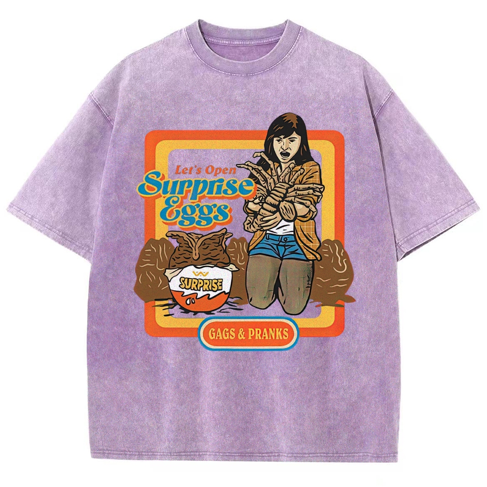 Retro 70s Comic Surprise Egg Monster Tentacle Woman Horror Parody Vintage Washed T-Shirt