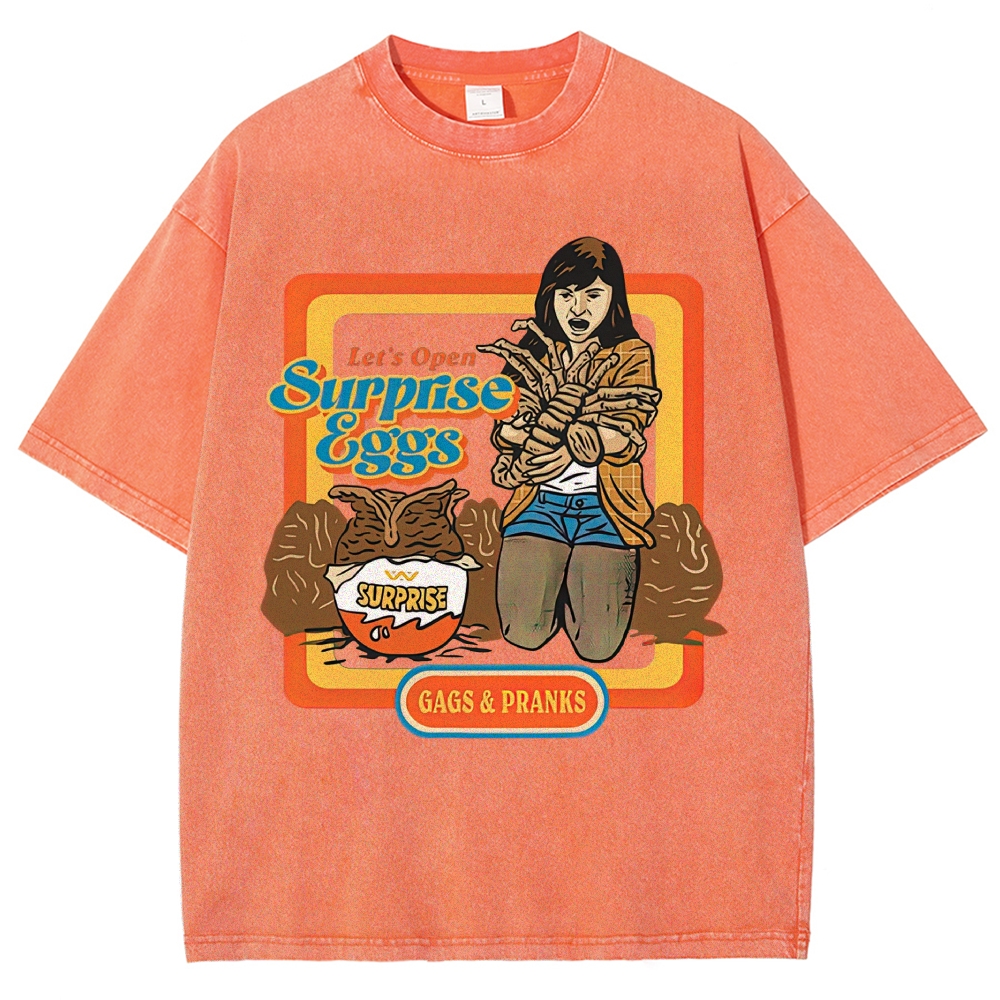 Retro 70s Comic Surprise Egg Monster Tentacle Woman Horror Parody Vintage Washed T-Shirt