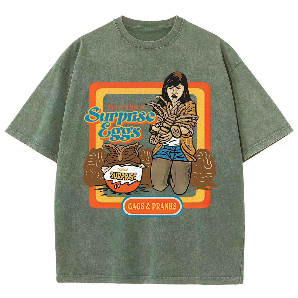 Retro 70s Comic Surprise Egg Monster Tentacle Woman Horror Parody Vintage Washed T-Shirt