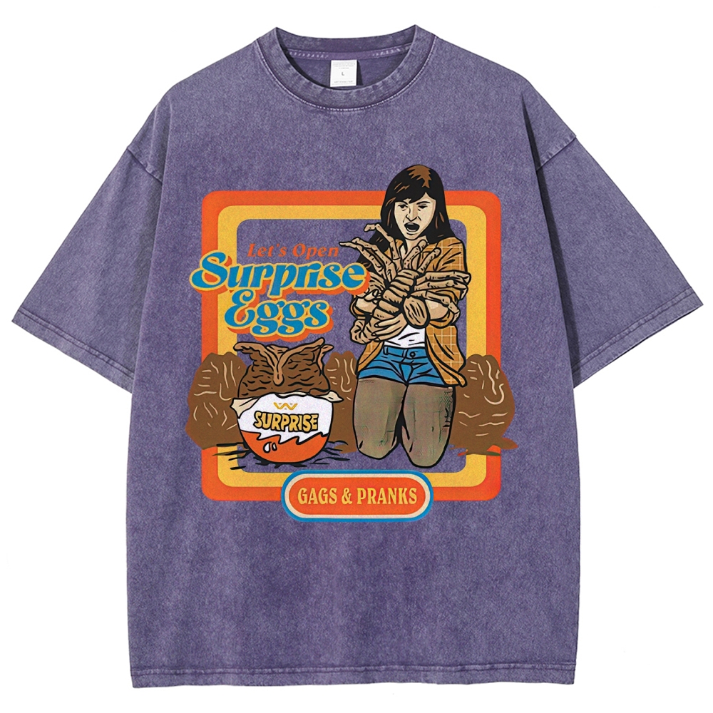 Retro 70s Comic Surprise Egg Monster Tentacle Woman Horror Parody Vintage Washed T-Shirt