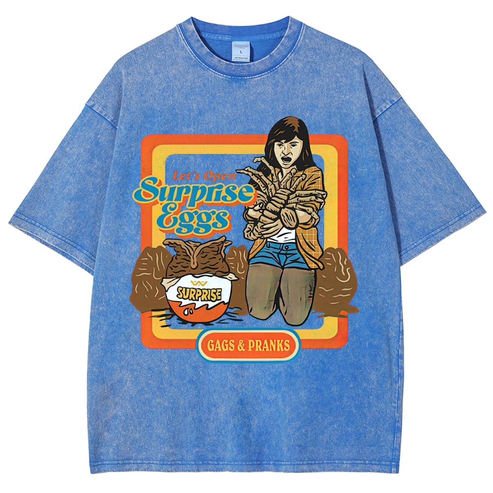Retro 70s Comic Surprise Egg Monster Tentacle Woman Horror Parody Vintage Washed T-Shirt