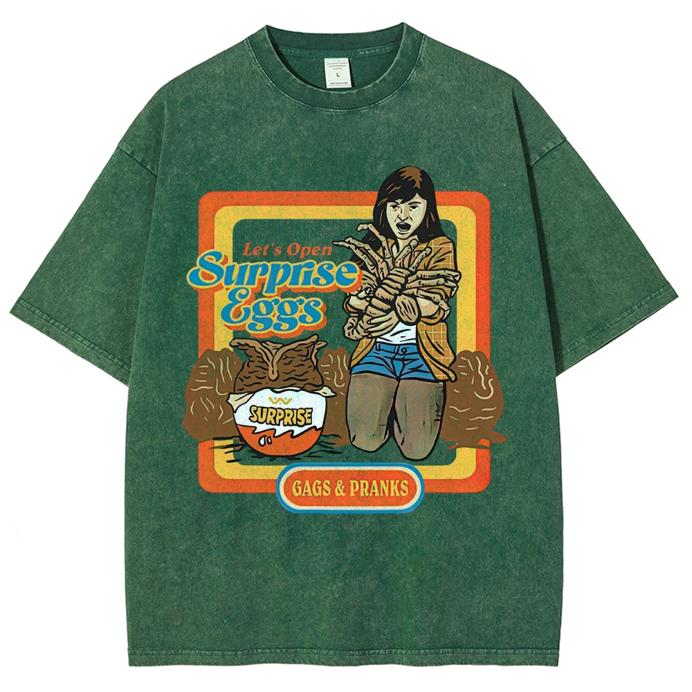 Retro 70s Comic Surprise Egg Monster Tentacle Woman Horror Parody Vintage Washed T-Shirt