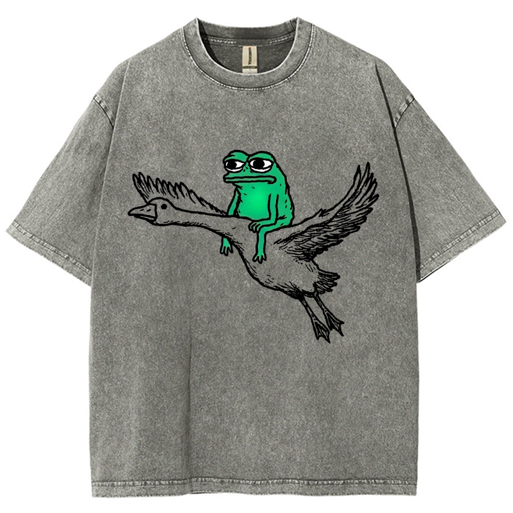 Simple Sketch Sad Frog Riding Flying Goose Weirdcore Viral Meme Vintage Washed T-Shirt