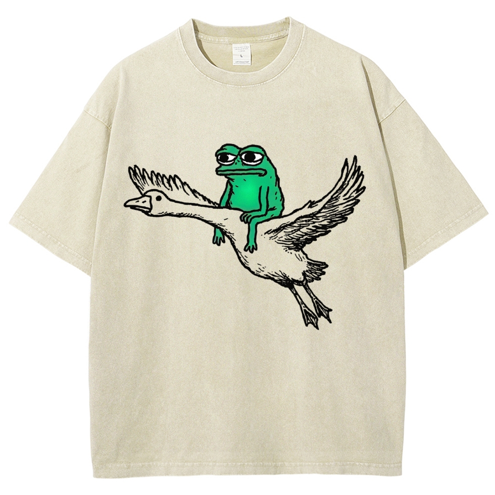 Simple Sketch Sad Frog Riding Flying Goose Weirdcore Viral Meme Vintage Washed T-Shirt