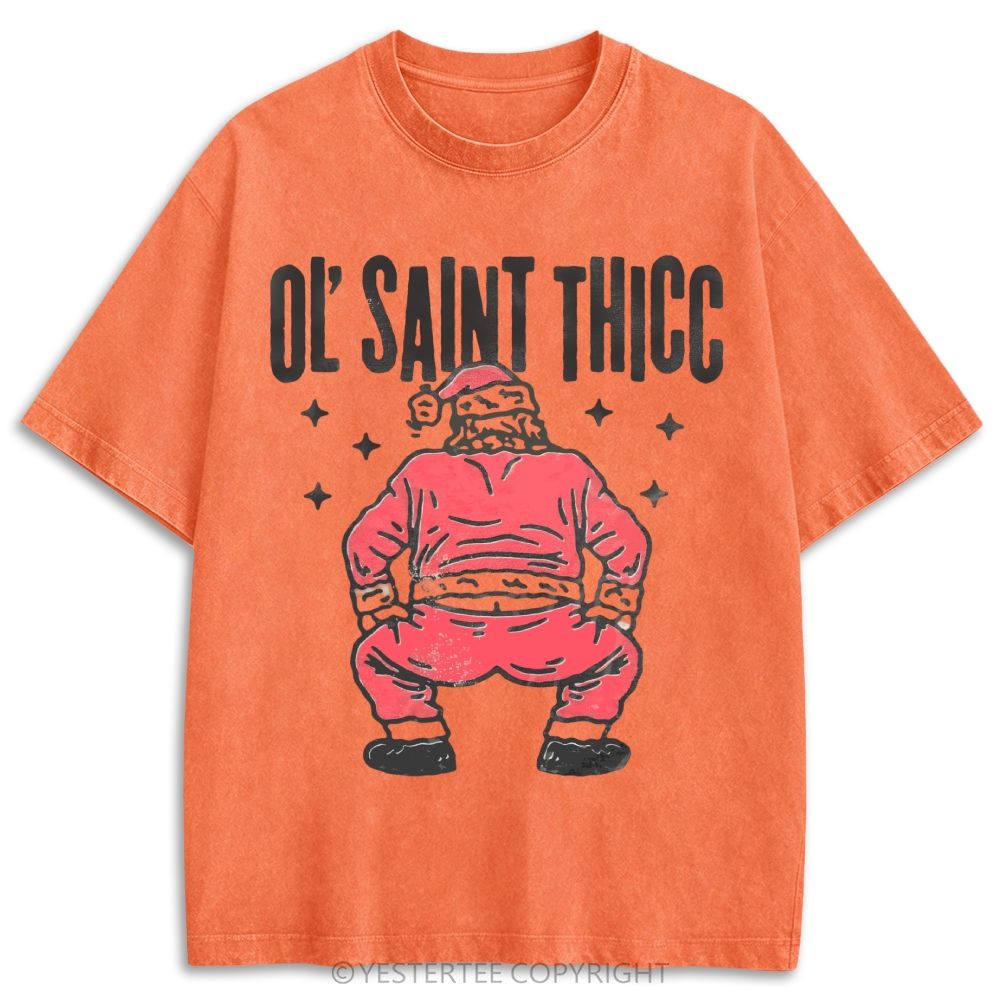 Ol Saint Thicc Back View Santa Distressed Retro Washed T-shirt
