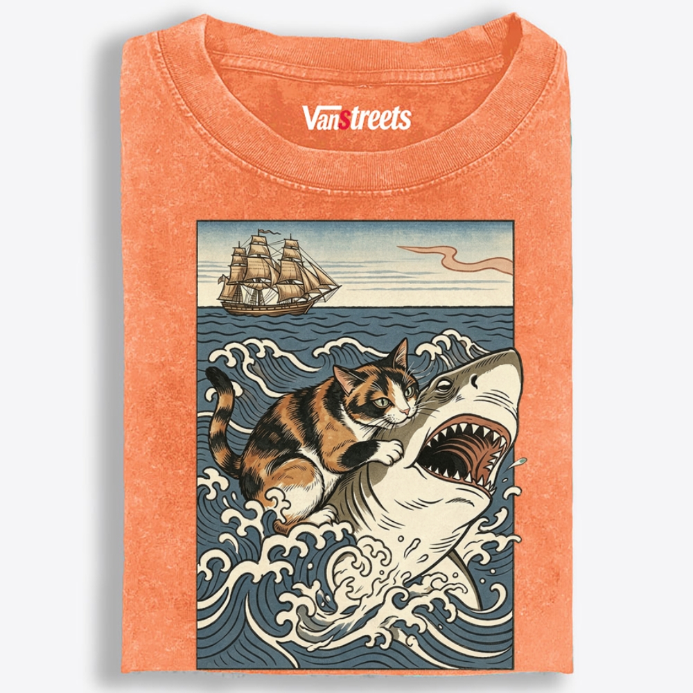 Ukiyo-e Cat Riding Shark Retro Washed T-Shirt | 100% Cotton | Streetwear Essential