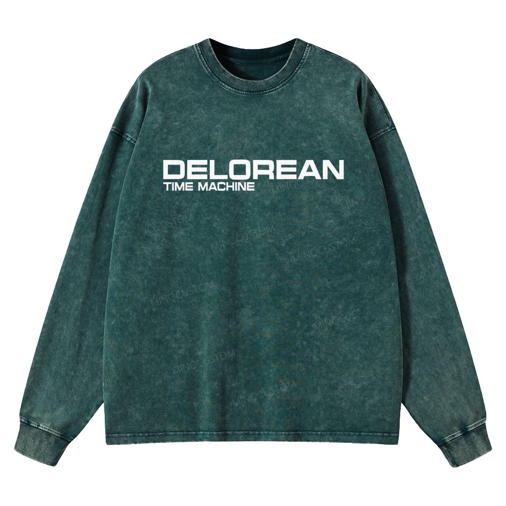 Retro Future DeLorean Time Machine Vintage Casual Washed Long-Sleeved 