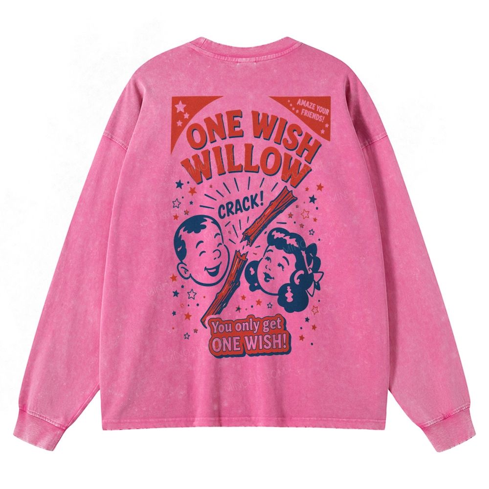 Vintage Retro Cartoon Kids Wish Stick Graphic Washed Long-Sleeved T-Shirt 