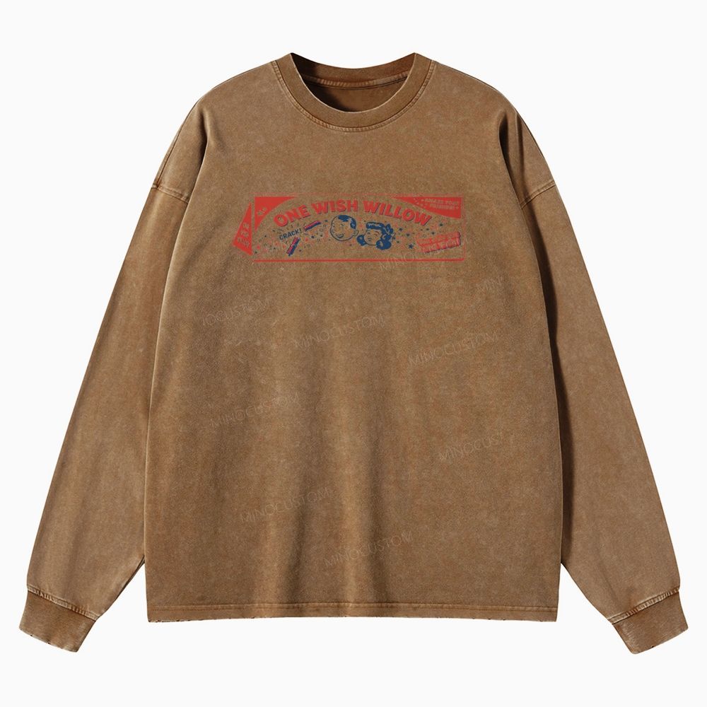 Vintage Retro Cartoon Kids Wish Stick Graphic Washed Long-Sleeved T-Shirt 