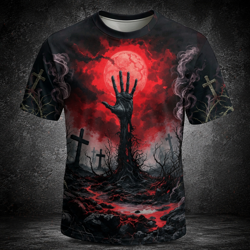 Blood Moon Graveyard Rising Hand Horror Men's  Vintage Short Sleeve T-shirt